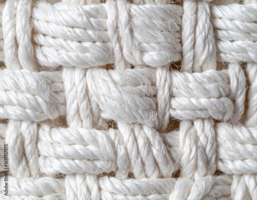 Detailed Macro of White Rope Woven in an Interlocking Pattern Creates a Textured Background