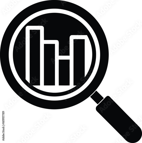Black and white icon of a magnifying glass over a bar chart graph data