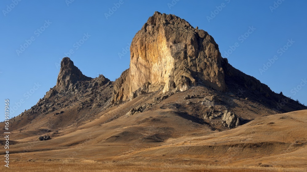 Fototapeta premium Rugged rock formations rise above a vast, dry landscape