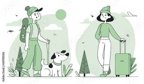 Nature Adventure with Dog in Cartoon Style Vector Illustration