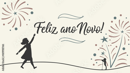 Feliz ano novo greeting card happy new year celebration with fireworks and people silhouette illustration