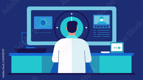 Control Station A medical technician monitoring the MRI from a nearby control room with a large screen displaying the patients scans in realtime.