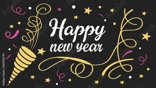 Happy new year celebration with party popper and confetti vector illustration design template graphic element