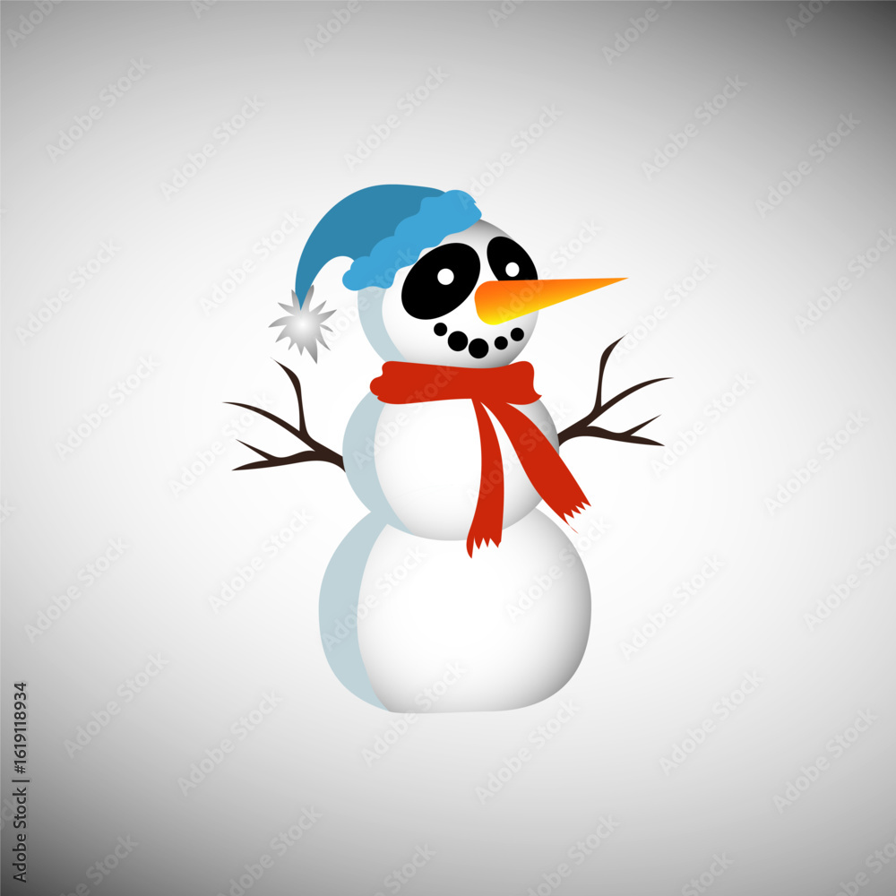 Fototapeta premium Angry snowman figure. Orange carrot nose. Black button eyes. Winter character Vector.