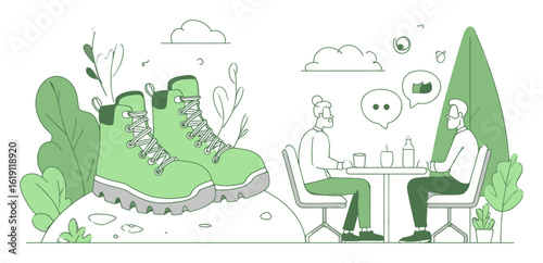 Cartoon Illustration of Hikers Enjoying Drinks with Hiking Boots in Background
