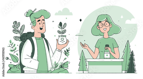 Friendly Characters Engaging in Eco-Friendly Activities and Plant Care