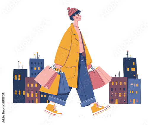 Young Person Walking with Shopping Bags in Urban Setting Illustration