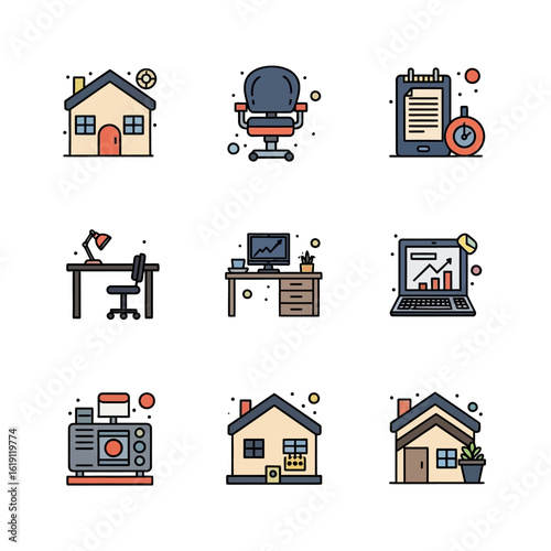 Collection of simple line art icons depicting home, office, and work-related items.