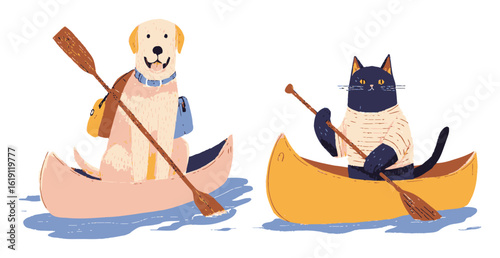 Playful Dogs and Cats Kayaking Together in Colorful Canoes on Water