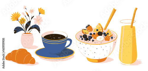 Colorful Breakfast Scene with Croissant, Coffee, Fruit Bowl, and Juice