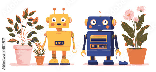 Playful Robots in a Colorful Garden Setting with Potted Plants and Flowers