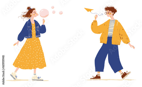 Playful illustration of a ballet dancer and a drummer in vibrant colors