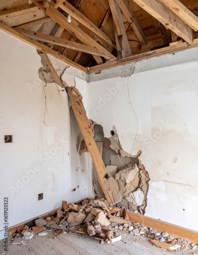 Damaged Interior Wall with Exposed Wooden Beams and Debris in a Ruined House