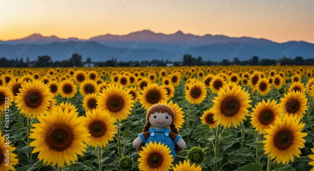 Obraz premium Adorable knitted doll standing amidst a vast sunflower field at sunset