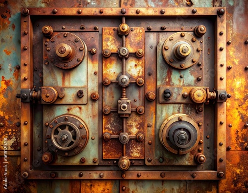 Wallpaper Mural Grungy Metal Panel with Rusty Rivets Gears and Bolts on Weathered Surface Torontodigital.ca