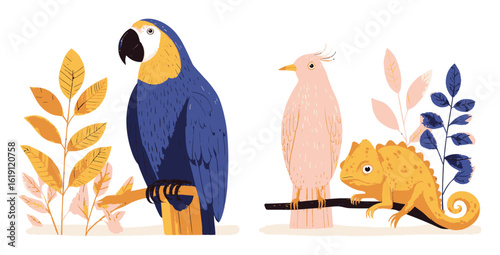 Colorful Tropical Parrot and Lizard Illustration with House Plants