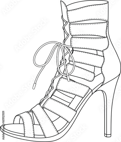 Lace-Up High Heel Shoe Line Drawing, Strappy Open Toe Design, Fashion Footwear Illustration, Black and White Sketch, Stylish Women’s Accessory