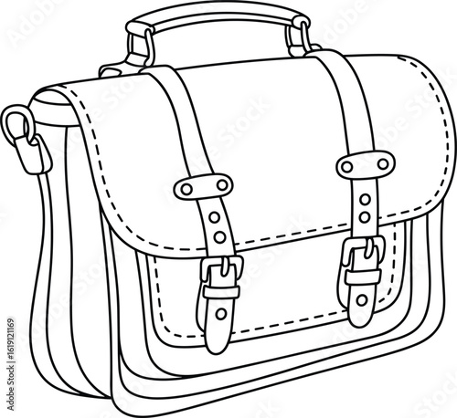 Messenger Satchel Bag Line Drawing, Buckle Strap Design, Handle Top, Vector Sketch, Stylish Accessory, Minimalist Illustration, Travel Shoulder Bag