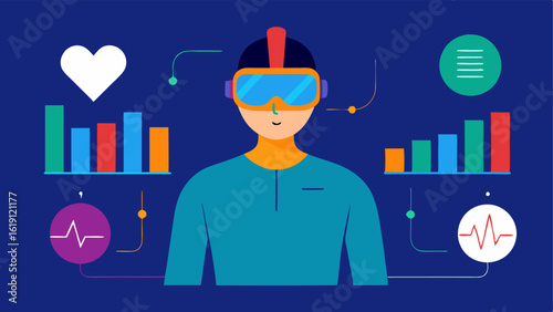 Biofeedback Station A patient engaging with a VR headset and sensors surrounded by colorful graphs representing their stress levels heart rate and respiration displayed in