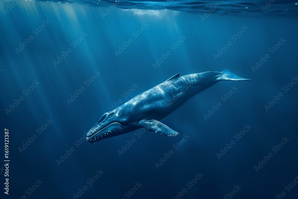 Obraz premium Solitary blue whale swimming in deep blue ocean, endangered species, peaceful and emotional marine scene.