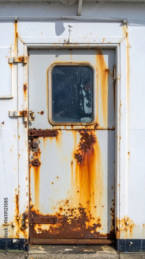 Naklejka premium Heavily Weathered White Metal Door with Rust Detailing and Peeling Paint