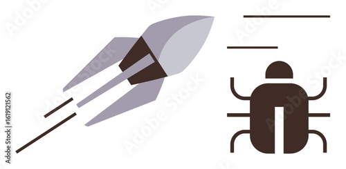 Rocket speeding upward alongside an insect, symbolizing innovation in technology versus debugging challenges. Ideal for software development, technology growth, problem-solving, productivity