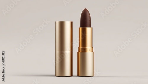 Dark brown lipstick, gold tube, studio shot, minimalist background; cosmetic product