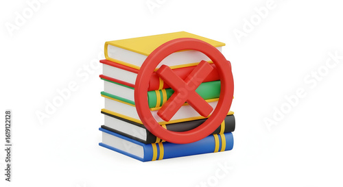 Book Ban Concept with Stack of Books and Red Cross Symbol