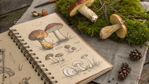 Detailed Illustration of Mushrooms in Natural Setting with Notebook