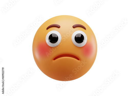 A sad and worried yellow emoji face with blushing cheeks and wide eyes isolated on transparent background