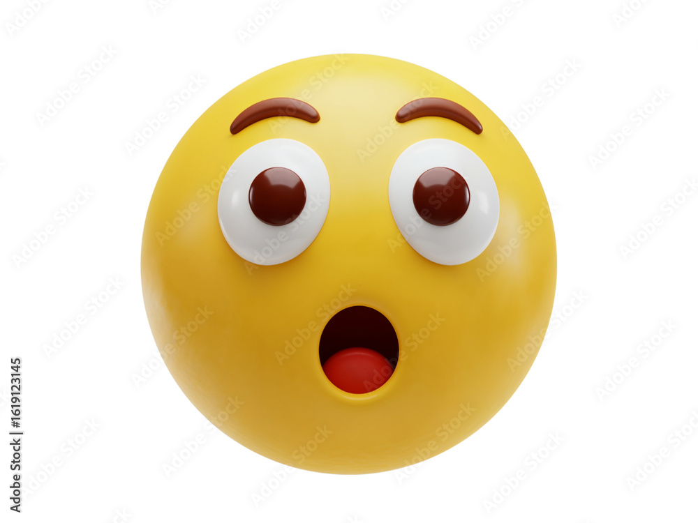 Fototapeta premium A yellow emoji face with wide open eyes and mouth expressing shock or surprise isolated on transparent background