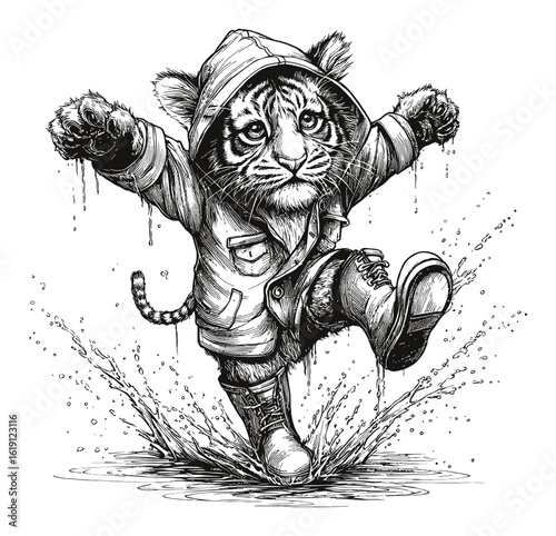 Engraving of a Tiger in a Hoodie Splashing Through Water Puddle