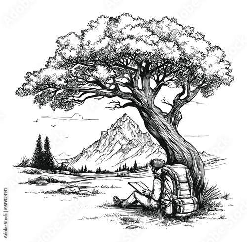 Hand Drawn Engraving of Artist Sketching Under Tree with Mountain View