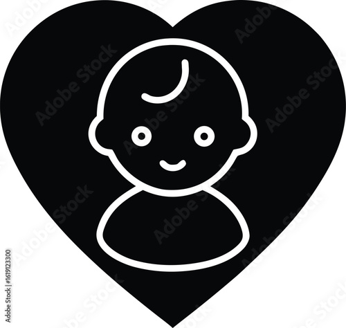 Black and white simple icon of a baby face inside a heart shape love symbol