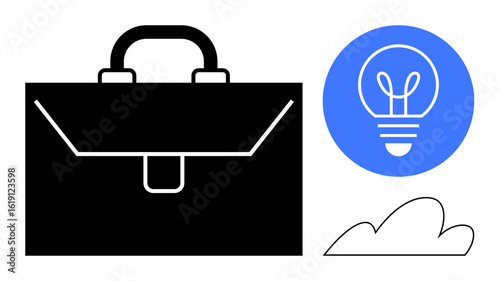 Black briefcase symbolizing work, blue lightbulb circle for ideas, and a minimalistic cloud element. Ideal for business, innovation, teamwork, creativity, professional growth, startup simple landing