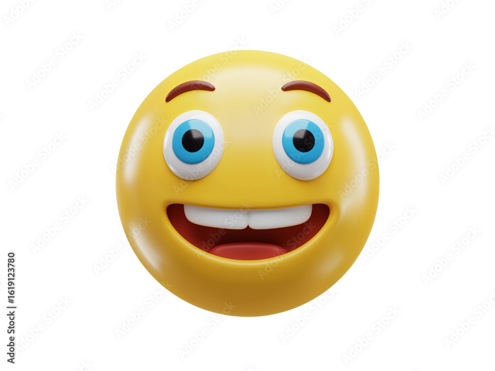 Fototapeta premium A bright yellow smiley face emoji with wide blue eyes and a big open mouthed smile isolated on transparent background