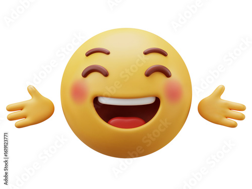 Joyful and happy emoji with open arms reaching out in a welcoming gesture isolated on transparent background