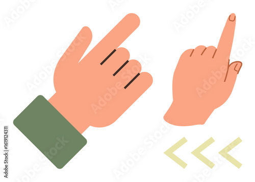 Two hands gesturing with fingers pointing, accompanied by arrows indicating direction. Ideal for navigation, instruction, communication, interface design, learning guidance, gestures, simple flat
