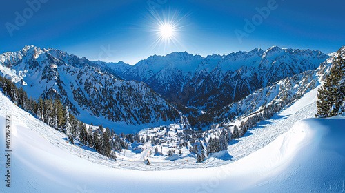 Sun-drenched snowy mountain valley, showcasing a picturesque winter landscape with a ski resort nestled within the peaks.