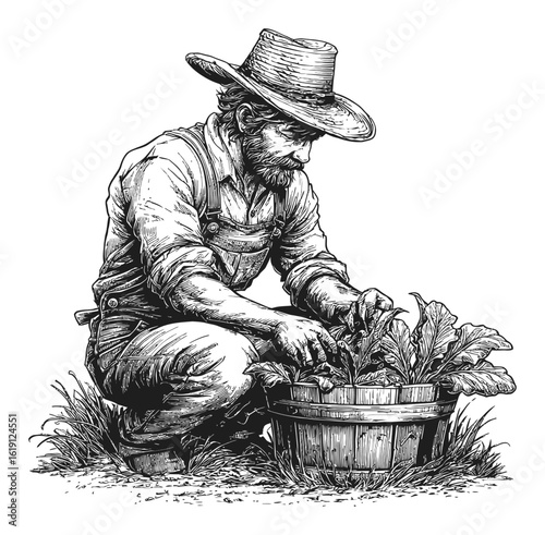 Detailed Hand-Drawn Engraving of a Farmer Working in the Garden
