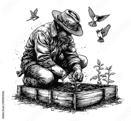 Hand-Drawn Engraving of Gardener Planting Seedlings with Birds Surrounding