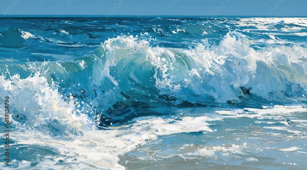 Obraz premium Ocean waves crashing on a sandy shore. A vibrant digital painting of powerful, textured waves