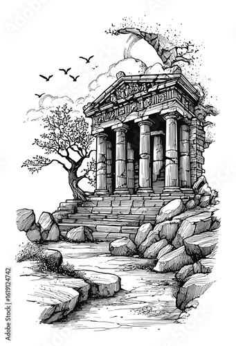 Detailed Hand-Drawn Engraving of Ancient Temple Surrounded by Nature