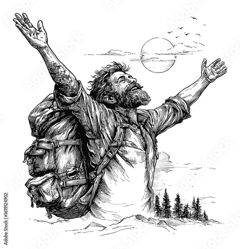 Hand-Drawn Engraving of Adventurer with Backpack Embracing Nature
