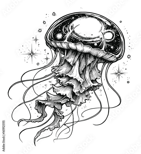 Detailed Hand-Drawn Engraving of a Stylized Jellyfish with Cosmic Elements