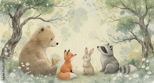Whimsical Forest Animals Gathering in a Sunny Meadow