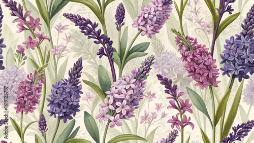 Seamless floral pattern of Hyacinth flowers and bright purple Scorpion grasses. High resolution. Designed for fabric printing.