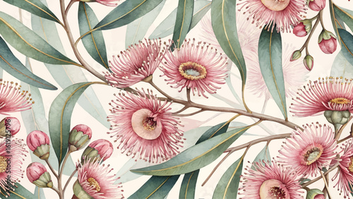 Seamless floral pattern of high resolution pink eucalyptus flowers, designed for fabric printing.