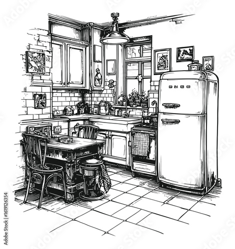 Hand-Drawn Engraving of a Vintage Kitchen Interior with Furniture and Appliances