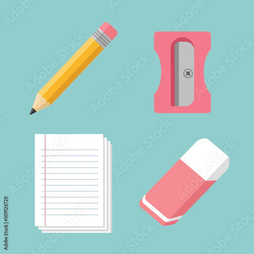 School essentials: Pencil, sharpener, eraser, and paper, perfect for educational projects and creative designs, ideal for back-to-school promotions